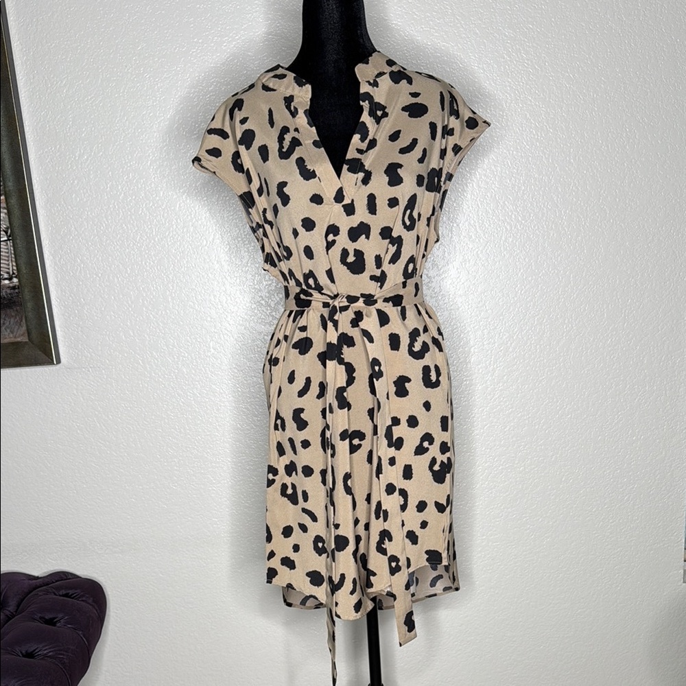 Tan and Black Wrap Sundress with Notched Collar - Picture 1 of 6